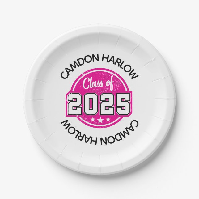 Plato De Papel Nombre de graduado rosado vintage (Anverso)