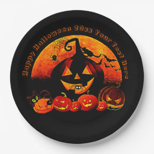 Plato De Papel Nombre de Halloween Año 20xx Gato de calabaza bril