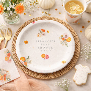 Plato De Papel Nombre de la fiesta de bebé floral Boho Orange Cot