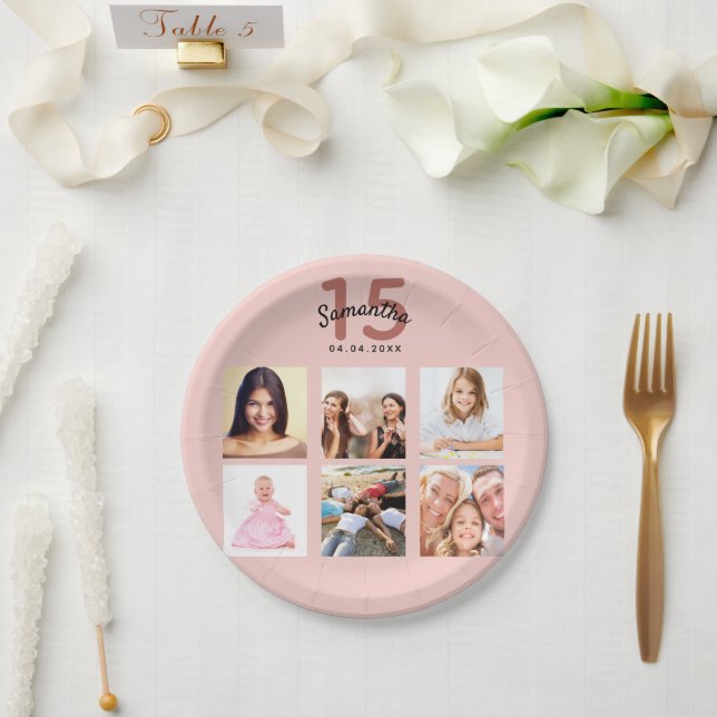 Plato De Papel Nombre de la foto de oro de Quinceanera rosa (Boda)