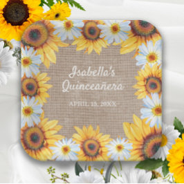 Plato De Papel Nombre de la Quinceañera de los Sunflowers White D