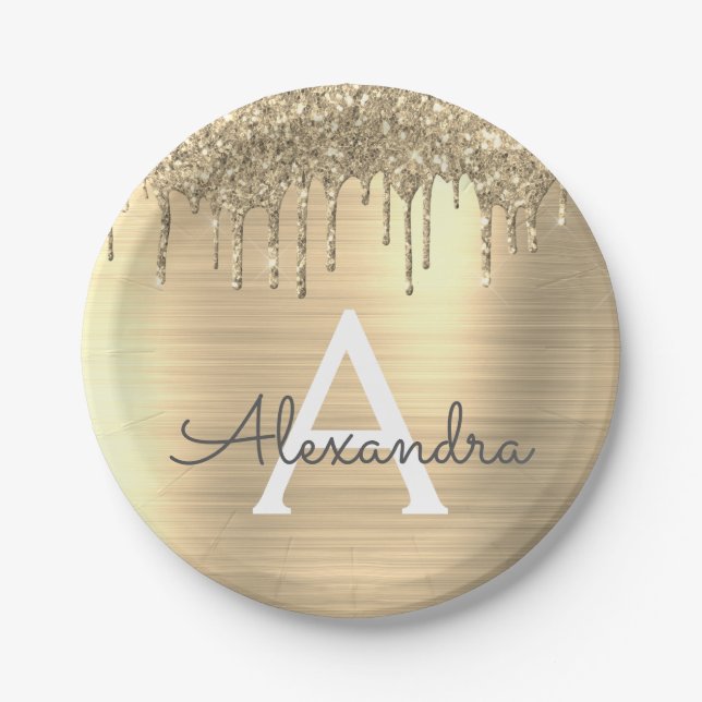 Plato De Papel Nombre de monograma de metal cepillado con purpuri (Anverso)