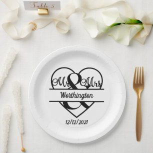 Plato De Papel Nombre de monograma Fecha Corazón Boda