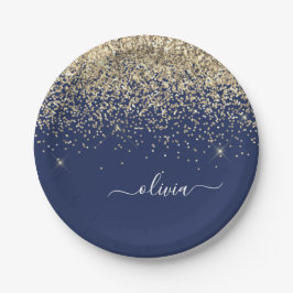 Plato De Papel Nombre de monograma femenino azul naval dorado con