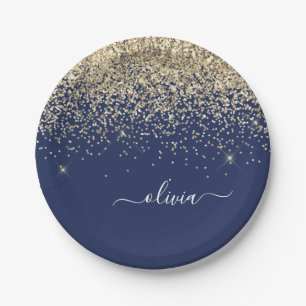 Plato De Papel Nombre de monograma femenino azul naval dorado con