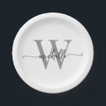 Plato De Papel Nombre de monograma personalizado gris blanco mode<br><div class="desc">Platos de papel personalizados elegantes, modernos y femeninos con monograma inicial de nombre y firma en escritura blanca y gris. Este diseño presenta su primer nombre en una tipografía de letra a mano bonita con cola florida (o caligrafía) con monograma inicial en negro y gris sobre blanco. Estos son fáciles...</div>