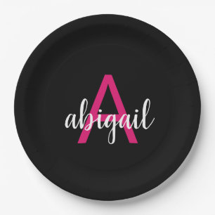 Plato De Papel Nombre de monograma rosa caliente negro elegante p
