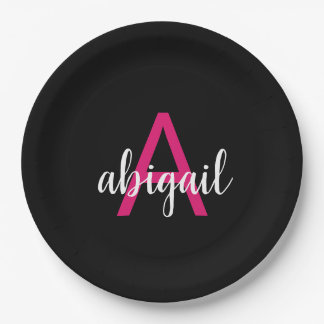 Plato De Papel Nombre de monograma rosa caliente negro elegante p