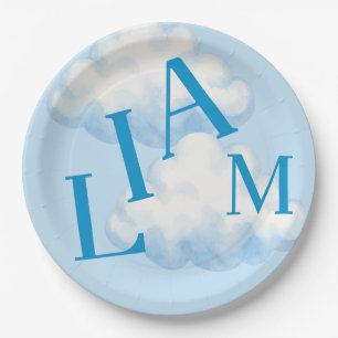 Plato De Papel Nombre de Niño Personalizado Nubes Azules Cielo 