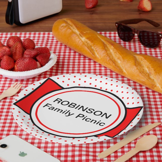 Plato De Papel Nombre de picnic de la familia de puntos de polka  (Picnic)