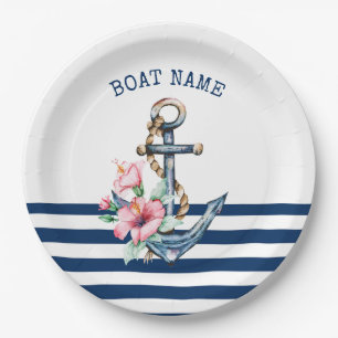 Plato De Papel Nombre del barco, Ancla floral rayas azul marino