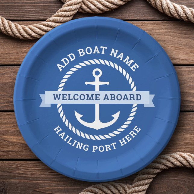 Plato De Papel Nombre del barco fronterizo de la cuerda de anclaj (Anchor rope border boat name welcome aboard paper plates)