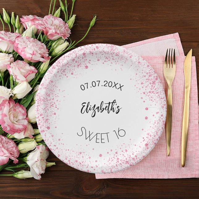 Plato De Papel Nombre del chica purpurina blanco rosado de cumple (Subido por el creador)