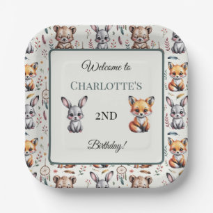 Plato De Papel Nombre del cumpleaños del Boho Woodland Whimsical