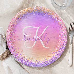Plato De Papel Nombre del monograma Purpurina Metalizado cepillad