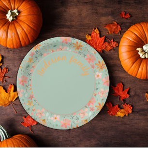 Plato De Papel Nombre del naranja de la acuarela floral verde