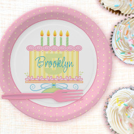 Plato De Papel Nombre del pastel de cumpleaños 5 amarillo rosado