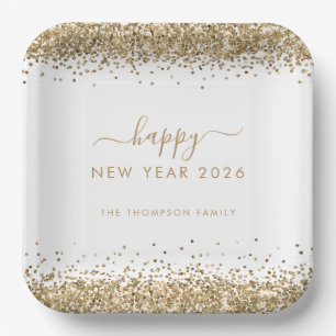 Plato De Papel Nombre del Purpurina de oro Feliz Año Nuevo 2026 B
