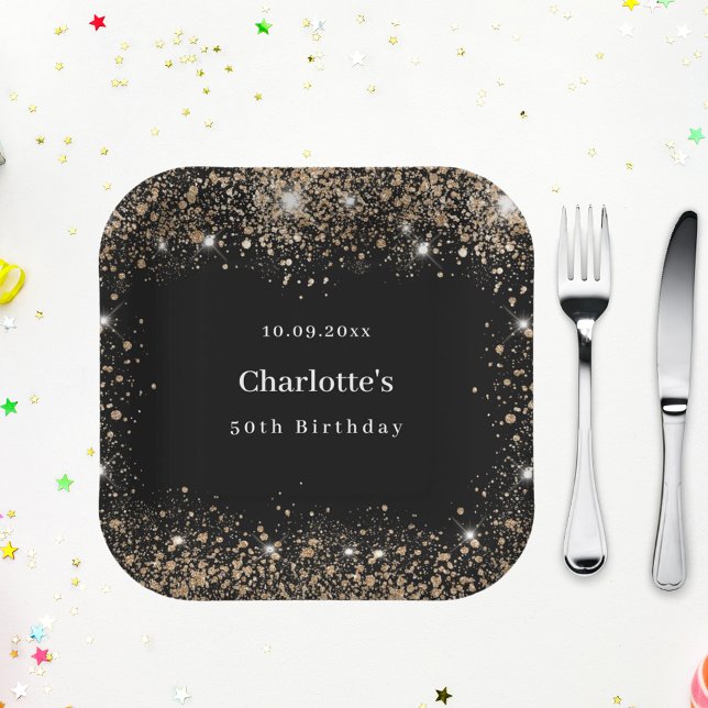 Plato De Papel Nombre del purpurina de oro negro de cumpleaños (Subido por el creador)