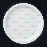 Plato De Papel Nombre elegante de Girona azul verde azul Verde az<br><div class="desc">Bonito verde azul verde azulado sobre placas de papel fiesta personalizadas de muchacha blanca. Ideal para una fiesta de cumpleaños verde azul verde azulado pastel.</div>