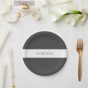 Plato De Papel Nombre elegante y monograma   Gris oscuro y claro