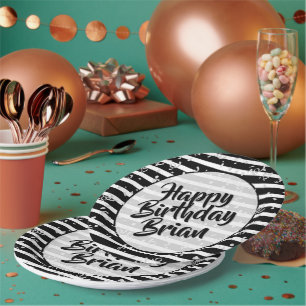 Plato De Papel Nombre   Feliz Cumpleaños Simple Stripes Pattern B