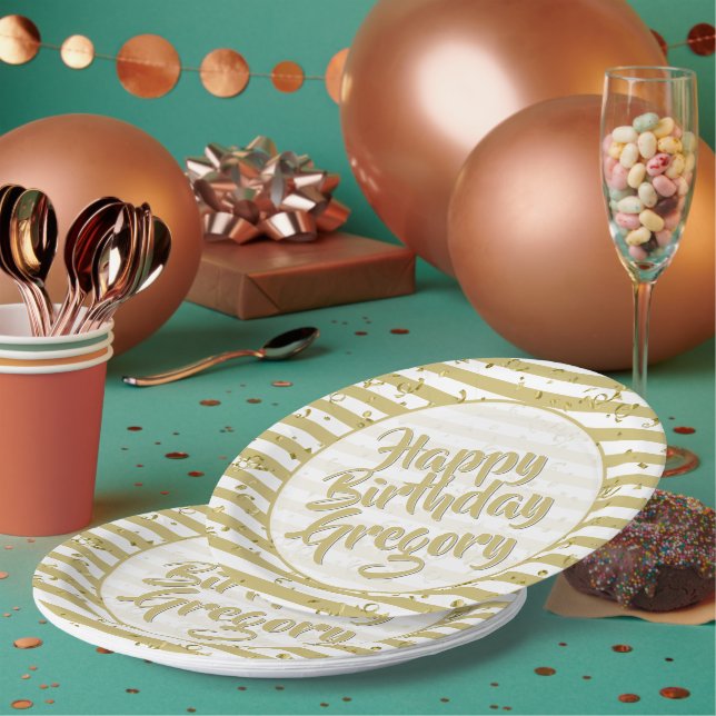Plato De Papel Nombre | Feliz Cumpleaños Simple Stripes Pattern G (Multi)