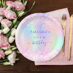 Plato De Papel Nombre holográfico del purpurina púrpura de cumple<br><div class="desc">Un fondo iridiscente de moda y juvenil con unicornio y colores pastel de arcoiris en rosa, violeta, oro rosa, verde menta. Decorada con goteo falso purpurina en oro rosa, rosa, morado. Personalice y agregue un nombre y una edad. La palabra cumpleaños se escribe con un guión moderno de estilo con...</div>