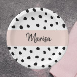 Plato De Papel Nombre moderno del monograma | Puntos rosados y ne<br><div class="desc">Nombre moderno del monograma | Puntos rosados y negros pasteles</div>