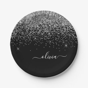 Plato De Papel Nombre Monograma Brillante Purpurina Femenino Plat