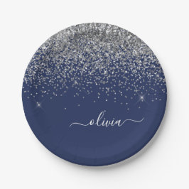 Plato De Papel Nombre Monograma Femenino Brillante Azul Marinho P