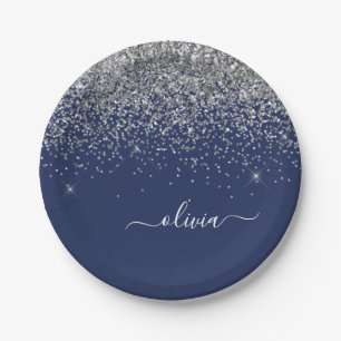Plato De Papel Nombre Monograma Femenino Brillante Azul Marinho P