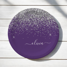 Plato De Papel Nombre Monograma Glitter Rosa Purpura