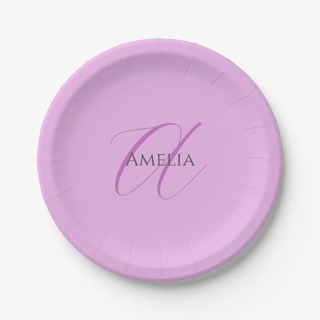 Plato De Papel Nombre Monograma Letra inicial Orquídea & Lilac (Anverso)