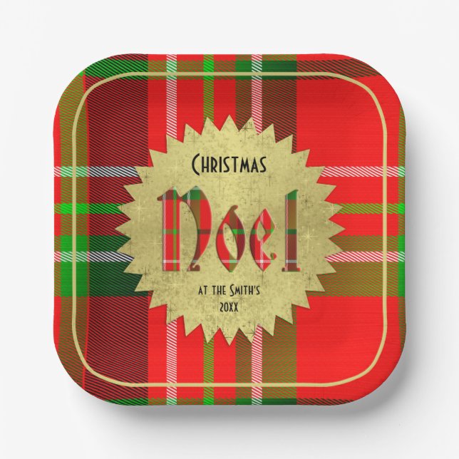Plato De Papel Nombre | Noel Typography Red Green Navidades Tarta (Anverso)