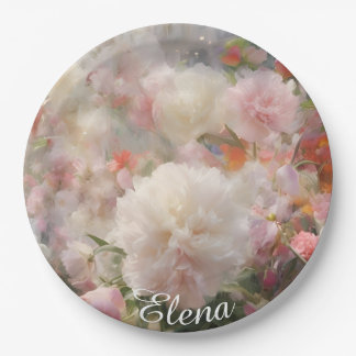 Plato De Papel Nombre Peonías Blancas y Rosadas Pintura Acuarela
