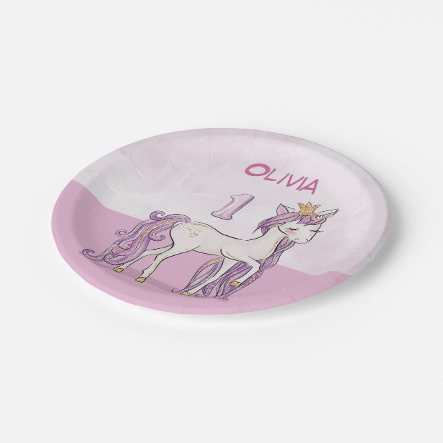 Plato De Papel Nombre personalizado 1er cumpleaños Caballo rosa c (Angular)