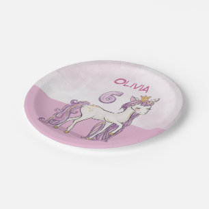 Plato De Papel Nombre personalizado 6º cumpleaños caballo rosa co