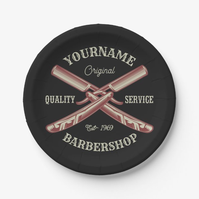 Plato De Papel NOMBRE personalizado Barber Straight Razor Barbers (Anverso)