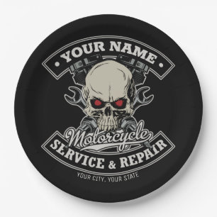 Plato De Papel NOMBRE Personalizado Biker Mechanic Skull Motorcyc