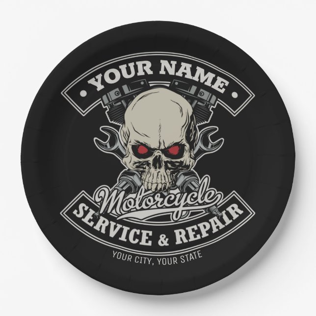 Plato De Papel NOMBRE Personalizado Biker Mechanic Skull Motorcyc (Anverso)