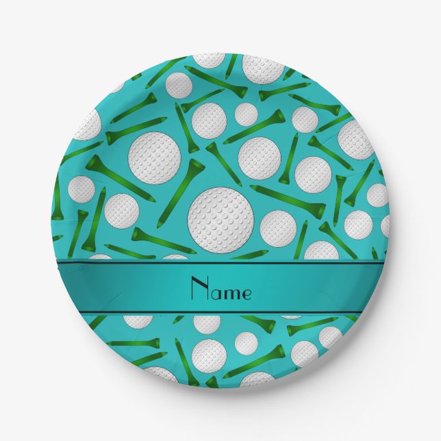 Plato De Papel Nombre personalizado bolas de golf turquesa (Anverso)