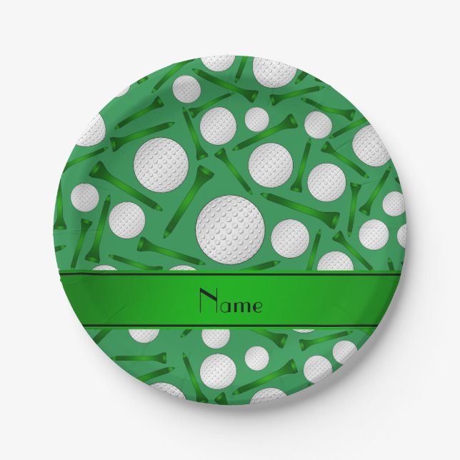 Plato De Papel Nombre personalizado bolas de golf verdes (Anverso)
