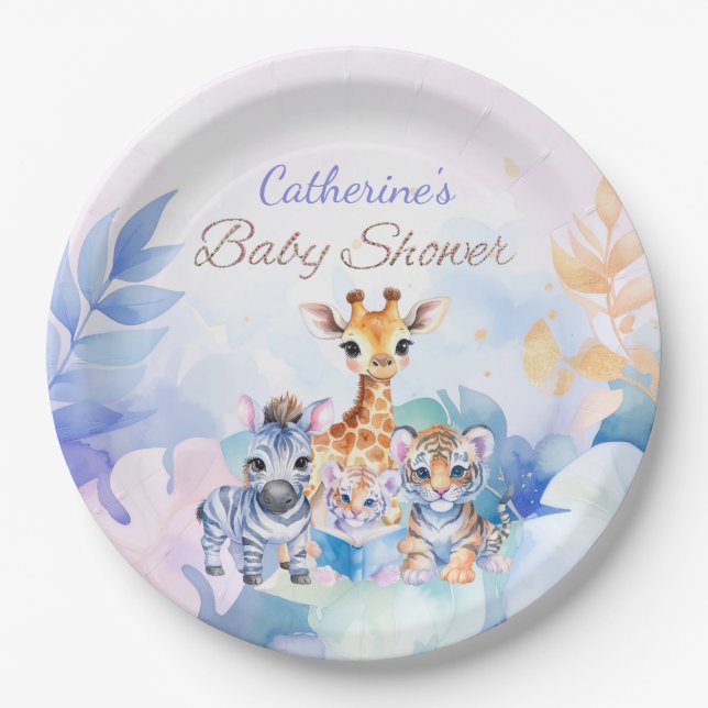 Plato De Papel Nombre personalizado Cebra bebé, jirafa y tigre (Anverso)
