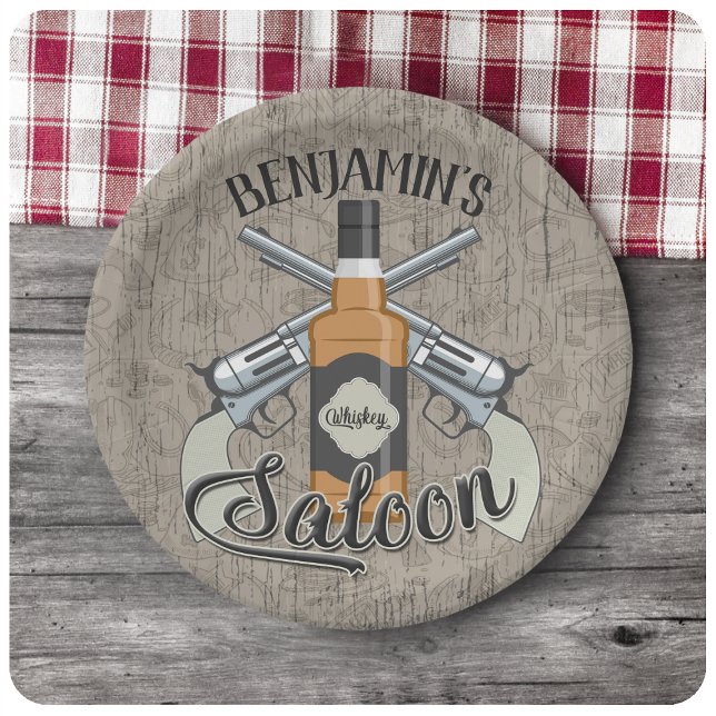Plato De Papel NOMBRE personalizado Cowboy Revolver Gun Whiskey S (Subido por el creador)