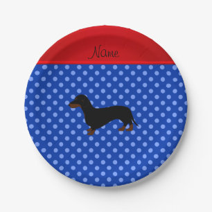 Plato De Papel Nombre personalizado dachshund puntos de polka azu