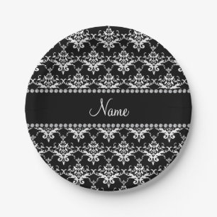 Plato De Papel Nombre personalizado damasco blanco negro