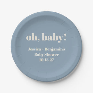Plato De Papel Nombre personalizado de Baby Shower azul turbio mo