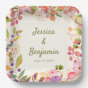 Plato De Papel Nombre personalizado de color acuarela Boda floral