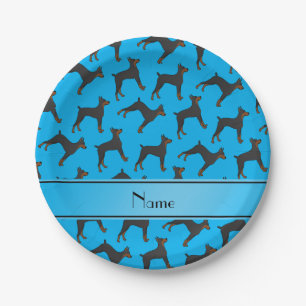 Plato De Papel Nombre personalizado de doberman azul cielo
